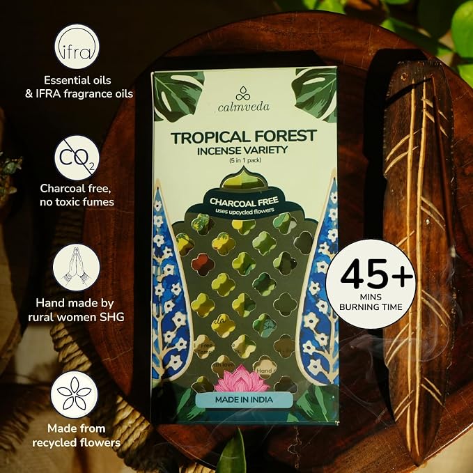 Tropical Forest Incense Variety Pack- 5 Scents: Citronella, Eucalyptus, Pine Forest, Smell of Rain & Patchouli | Charcoal-Free Natural Incense Sticks | Eco-Friendly Aromatherapy Gift Set