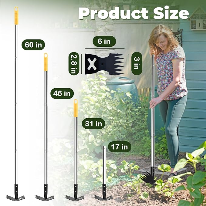 Weed Puller Tool with Long Handle, 60" Manual Weeding Tools Gardening, 2 in 1 Hand Weed Rake and Hoe Garden Weeder Tool, Uprooting Pulling Weed Remover Tool for Yard, Patio, Lawn and Garden (Yellow)
