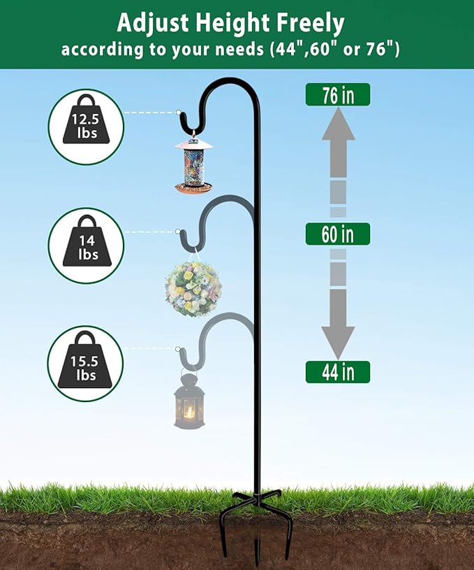 Adjustable Outdoor Shepherd Hook Stand with 5 Prong Base, 76 Inches Tall 3/5 in Thick, Shiny Black (1 Packs)