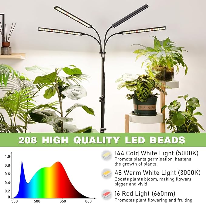 FOXGARDEN Grow Lights for Indoor Plants Full Spectrum with Tripod Stand, Tall Grow Lights for Indoor Growing with Flexible Gooseneck, Four-Head Plant Light with 4/8/12H Timer & 4 Brightness Levels