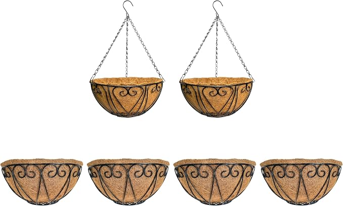 LaLaGreen Bundle- 4-Pack, 12 Inch Metal Basket with Coco Liner + 2-Pack, 12 Inch Hanging Basket with Coco Liner Flower Plant Holder Hanger Fence Rail Deck Patio Semi Round Balcony Garden Decor Outdoor