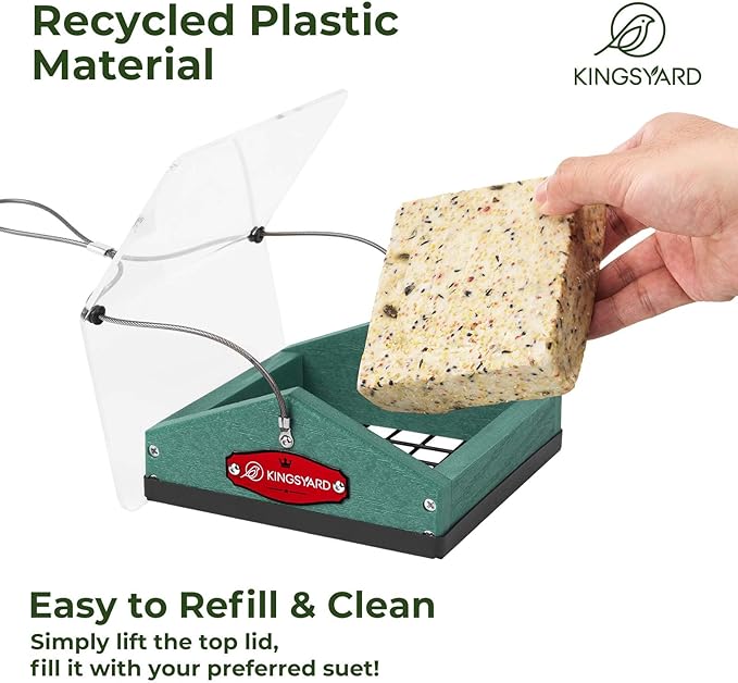 Kingsyard Upgraded Upside Down Suet Feeder for Outside Hanging - Recycled Plastic Wild Bird Feeder with Rainproof Roof for Attracting Woodpeckers Nuthatches Chickadees Finches. Green