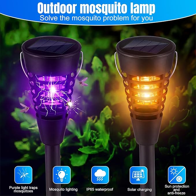 Qualirey 4 Pack Solar Bug Zapper & Mosquito Killer Outdoor Waterproof Cone-Shaped LED Light Mosquito Repellent for Patio, Garden, Yard, Camping - Hanging/Insertion Design (Warm & Purple Light)