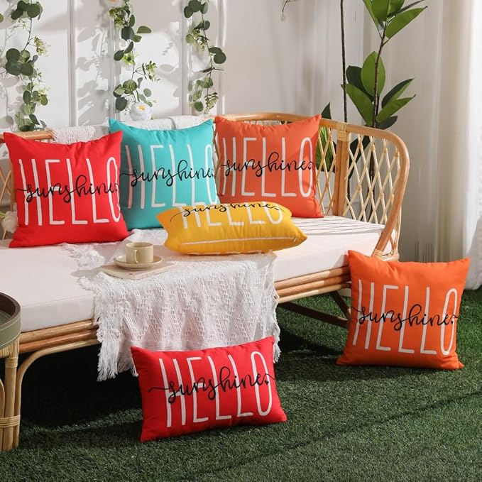 DFXSZ Outdoor Pillow Covers 18x18 Inch Set of 2 Hello Sunshine Decor Dirty Orange Waterproof Summer Outdoor Pillow Covers for Patio Furniture Garden Sofa Couch