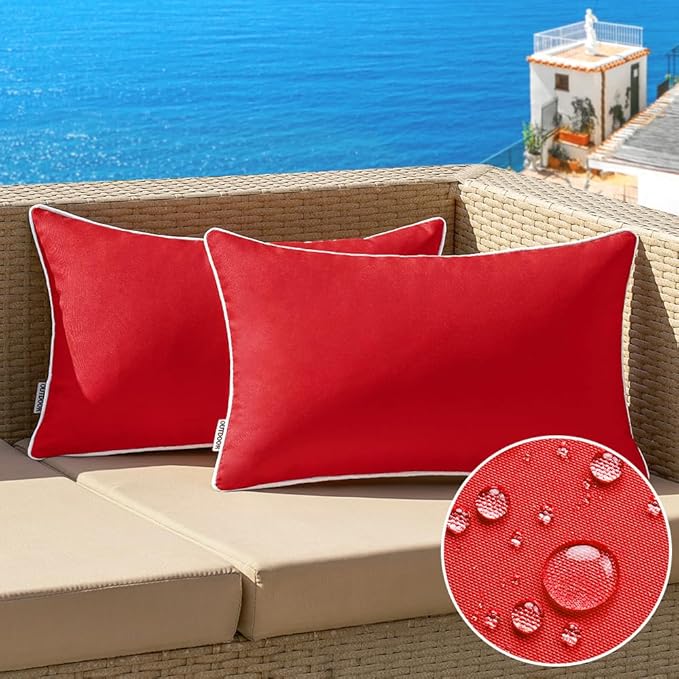 MIULEE Pack of 2 Outdoor Waterproof Pillow Covers Decorative Lumbar Throw Pillows Solid Color Farmhouse Couch Cushion Covers for Patio Tent Bed Sofa Living Room 12x20 Inch Red