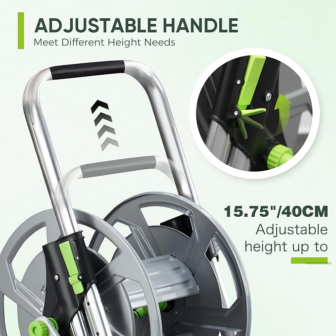 Garden Hose Reel Cart, Holds 75-150 Feet of 5/8-Inch Hose, Portable Hose Reel Cart With Wheels,Adjustable Handrail, Quick Hose Connector