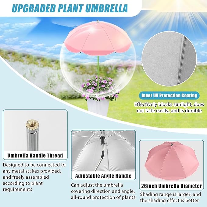 Axcoix 8 Pack Upgraded Plant Umbrellas for Outdoor Plants, 26" Larger Garden Plant Umbrella Shade with Adjustable Angle, 43.4" Higher Sun Shade for Plants, Potted Plant, Garden Beds