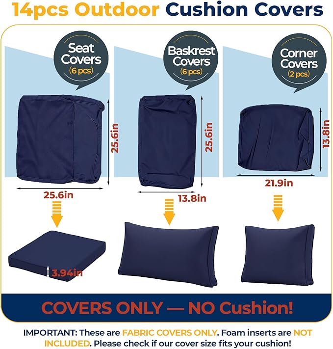 HOMREST 14-Piece Outdoor Cushion Covers Set for Patio Furniture, Reversible Double-Sided Sofa Slipcovers with Zipper, Water-Repellent Replacement Covers Only (Navy, 25.6×25.6×3.9in)