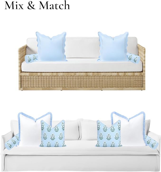 Hofdeco Premium Coastal Grandmillennial Patio Indoor Outdoor Bolster Pillow Cover Only, 6"x20" Water Repellent for Backyard, Couch, Poolside, Baby Blue Green Print Flower