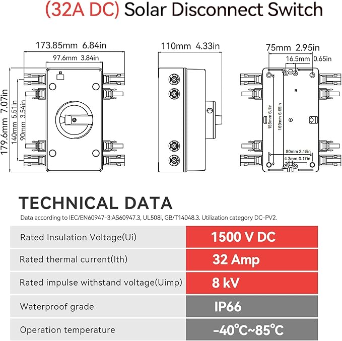 Solar Disconnect Switch 4-Pole DC1500 32A Isolator Solar Switch with Enclosure for Rooftop Solar Systems, RVs and Boat Waterproof IP66 Red