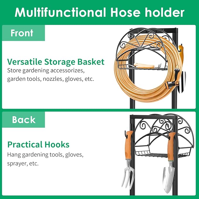 TomCare Garden Hose Holder Heavy Duty Water Hose Holder Holds 160 FT Hoses 4 Spikes Hose Reel Freestanding Hose Hanger Sturdy Hose Storage Stand for Outside Yard Lawn