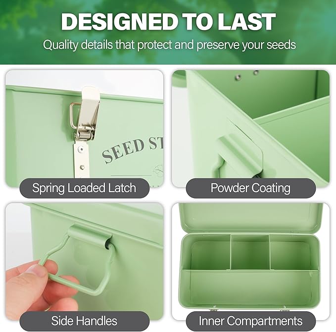 Seed Storage Box Organiser – Green Garden Seeds Tin with Lid, Side Handles, 4 Compartments & Safety Lock – Seed Packet Container for Gardeners – Gardening Gift Idea with Over 200 Accessories