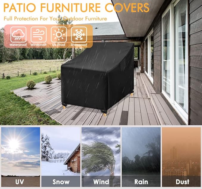 WLEAFJ Outdoor Chair Covers Waterproof, Black Lawn Patio Furniture Covers, Heavy Duty Wicker Garden Sofa Chair Cover, 2 Pack - 35" W x 38" D x 31" H