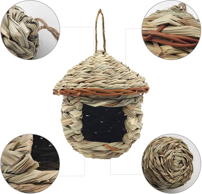 3 Pack Hummingbird House, Hand Woven Bird Nest for Outdoors Hanging, Small Grass Bird Houses for Outside, Natural Fiber Bird Hut Roosting Pocket for Finch Canary Chickadee
