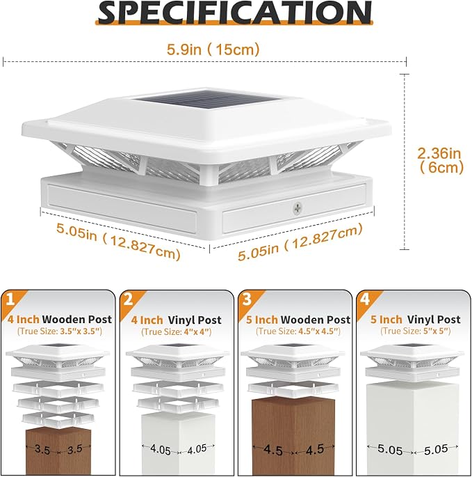 SIEDiNLAR Solar Post Cap Light 2 Modes 6 Pack, 3.5x3.5 4x4 4.5x4.5 5x5 Vinyl/Wooden Posts, Waterproof Outdoor Lighting for Fence Deck Patio Garden Decor, White/Warm (White)