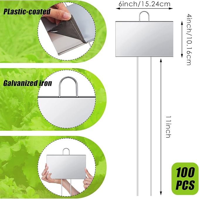 Landhoow 100 Pcs Large Garden Plant Markers Metal Plant Labels Sign 4'' x 6'' with 11'' Stake Weatherproof Waterproof Garden Sign for Outdoor Tree Seedlings Herbs Vegetable Greenhouse, Silver