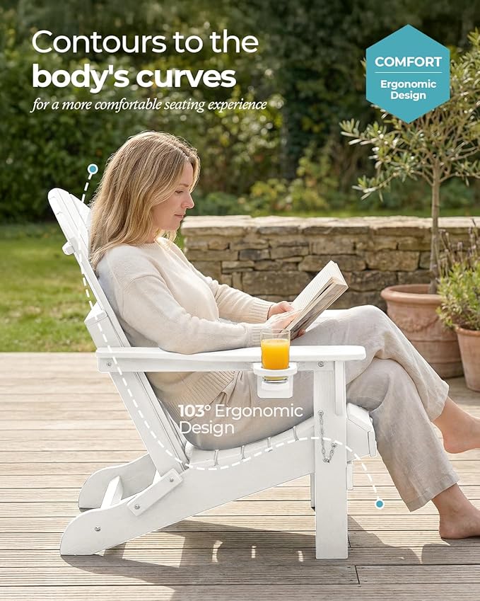 Ciokea Folding Adirondack Chair 4 Pack, Patio Adirondack Chair Weather Resistant, Plastic Fire Pit Chair with Cup Holder, Lawn Chair for Outdoor Porch Garden Backyard Deck (White)