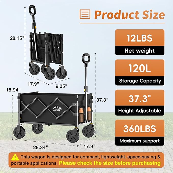 NWH Collapsible Wagon Cart with Wheels Foldable, 360LBS Large Capacity Portable Folding Utility Heavy Duty Beach Wagons Cart with All-Terrain Wheels for Groceries Shopping, Camping, Sports, Garden