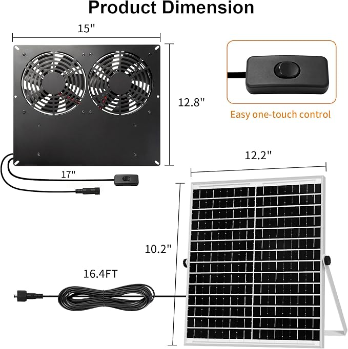 25W Metal Frame Solar Powered Fan with Battery, IP65 Waterproof Solar Exhaust/Intake Fan for Chicken Coop, Greenhouse, Dog House and Shed, Low Noise