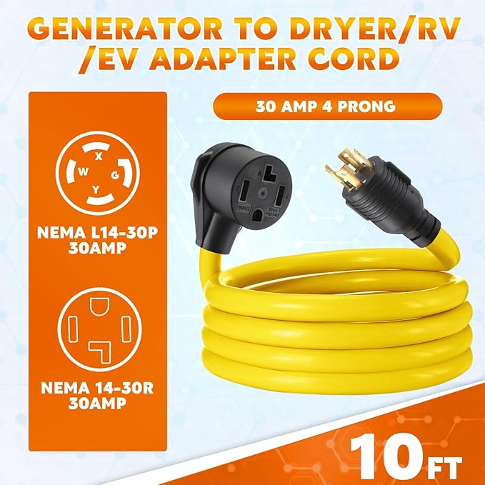 Tellegloww 10FT 30A Generator to Dryer Adapter Cord Compatible with NEMA L14-30P to 14-30R, 4-Prong Locking Male to 3-Prong New Dryer Female, 125/250V Heavy-Duty STW 10AWG/4C, ETL Listed