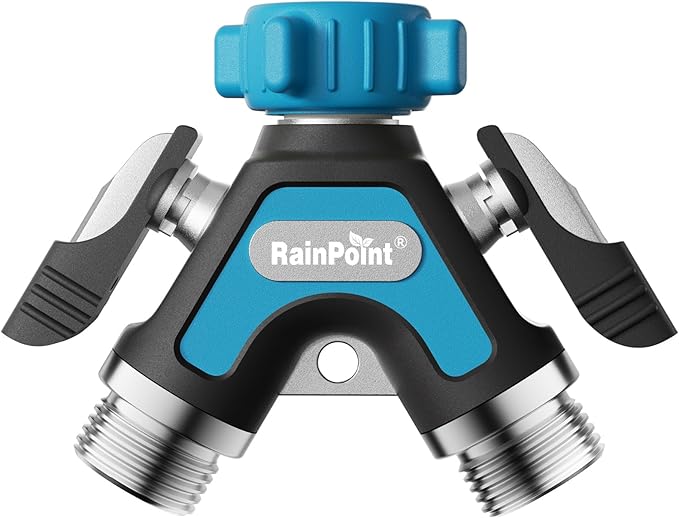 RAINPOINT Garden Hose Splitter 2 Way, All Metal Heavy Duty Water Hose Y Splitter With 2.05" Extra Long Side Handle & Shut Off Valves, 3/4 Inch GHT Thread Connector For Outdoor Spigot Faucet (Blue)