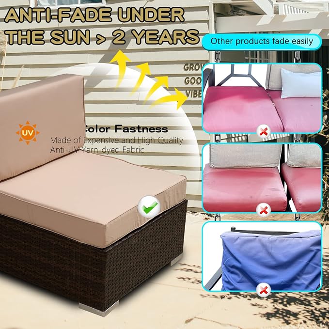 ClawsCover (No Stretchy) 9 Pack Patio Cushion Covers Set,Outdoor Furniture Cushion and Pillow Slipcovers Replacement,Fit for 5 Pieces 4-Seater Wicker Sectional Sofa Chair Couch Set,Khaki-Covers Only