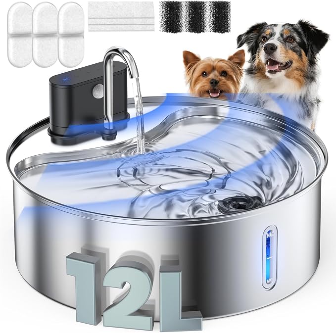 Wireless Dog Water Fountain for Large Dogs, 12L Stainless Steel Dog Fountain Water Bowl with Sensor, Quiet Pump BPA-Free Automatic Water Dispenser for Cats Dogs Pets