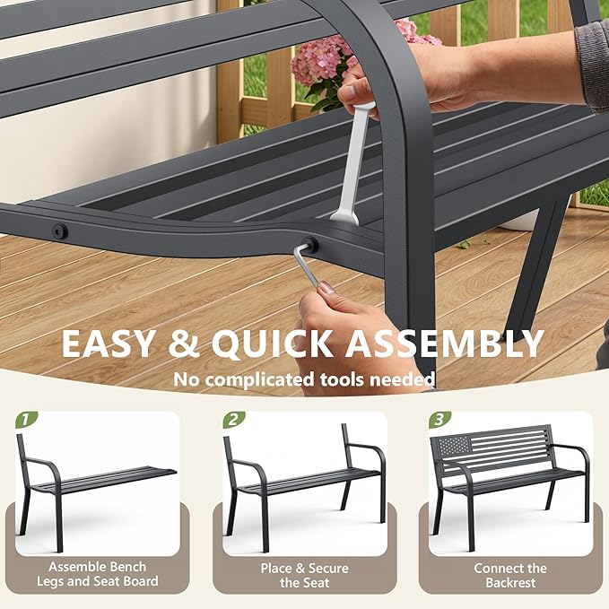 Outdoor Bench, Sturdy Metal Garden Bench with Classic Stars and Stripes Design Metal Backrest, 2-Person Patio Bench for Outside Seating, Cast Iron Steel Porch Yard Lawn Furniture, Black