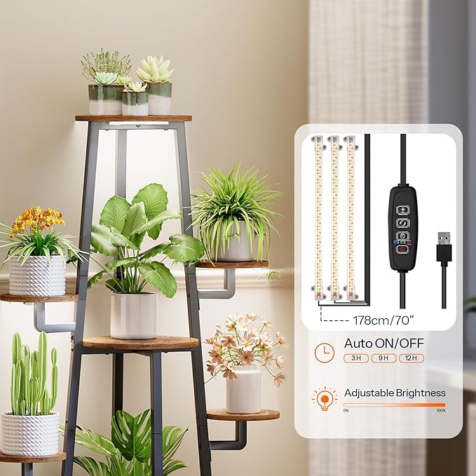 HOOBRO Plant Stand Indoor with Grow Lights, 7-Tier Plant Shelf for Multiple Indoor Plants, 47.2" Corner Plant Stand Organizer with Metal Frame, for Living Room, Balcony, Patio, Rustic Brown BF04DHJ01