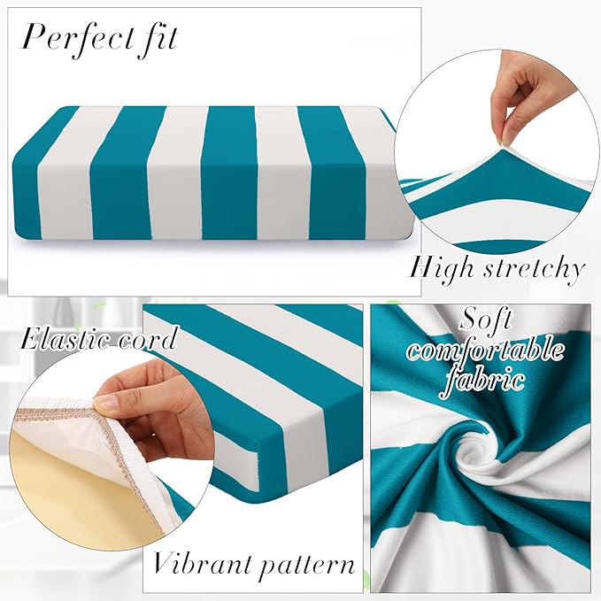 Newwiee 8pcs Patio Stretch Cushion Covers Stripe Outdoor Cushion Covers Replacement Patio Furniture Couch Slipcover Sofa Chair Seat, Thin Fabric Breathable Soft Flexibility Protector(Turquoise)