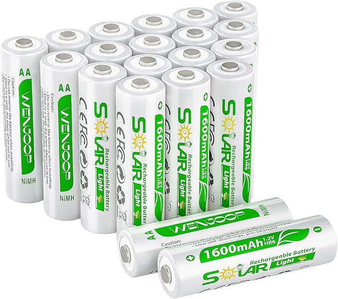 20 Pack AA Rechargeable Batteries for Solar Lights, NiMH 1.2V 1600mAh Precharged Low Self-Discharge, Replacement Batteries for Outdoor Garden Pathway Deck Fence String Lights