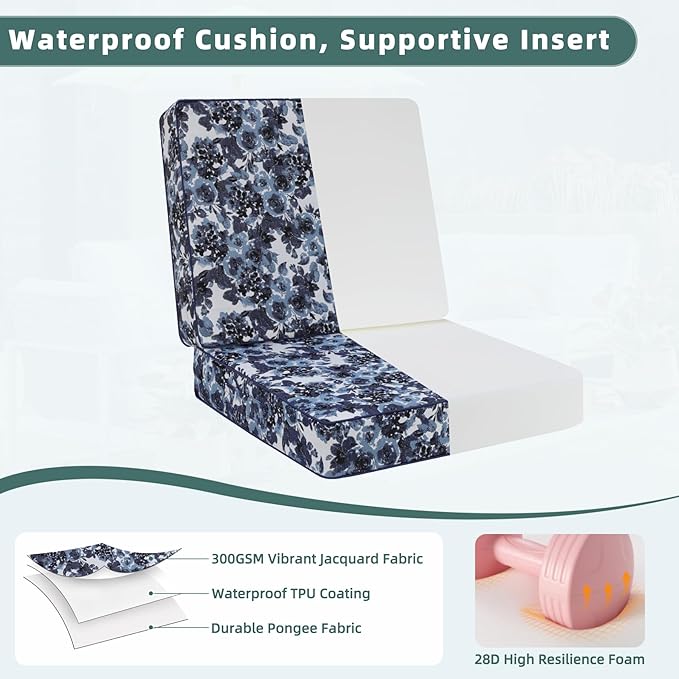 Favoyard Deep Seat Patio Cushion 22 x 22 x 3 in Waterproof Seat & Back Cushion Set with Color Fade Resisitant Pattern, Portable Handle, Attach Straps, Zipper on Removable Cover for Outdoor Furniture