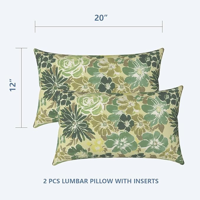 LVTXIII Outdoor/Indoor Lumbar Pillows, Decorative Patio Lumbar Cushions, Fluffy Water Repellent Garden Cushions for Home Patio Coach Sofa Use, 12×20 Inch, Pack of 2, Green Rose