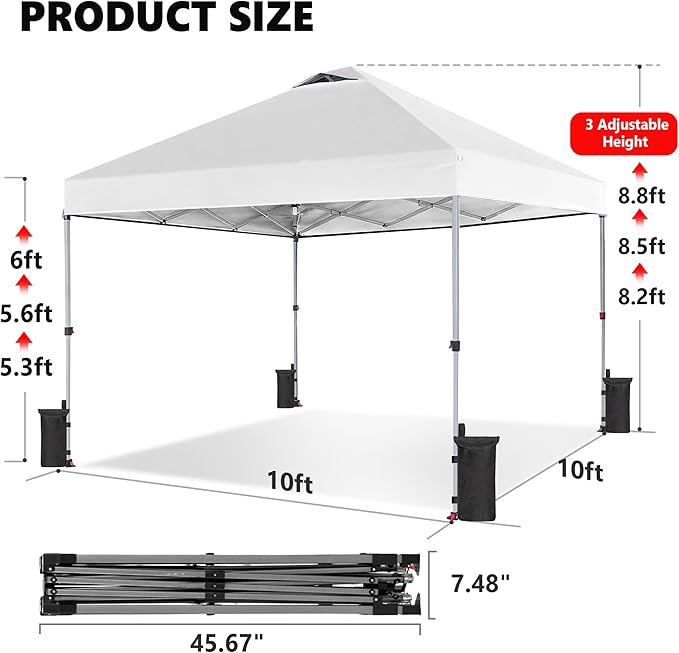 OLIXIS 10x10ft 1-Person Pop Up Canopy Tent, Heavy Duty One Push Setup Portable Outdoor Shelter for Beach Events Camping with Rolling Carry Bag, Snow White