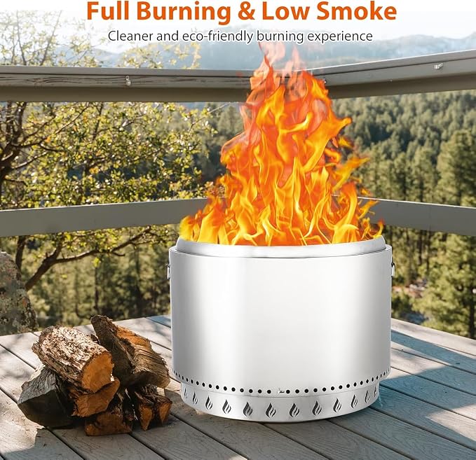 Towallmark Stove Bonfire 2.0 with Stand, 20.5 Inch Smokeless Firepit, 360° Airflow & Removable Ash Pan, with Air Switch, Stainless Steel Wood Burning Fireplace, for 4-6 People, 24 lbs
