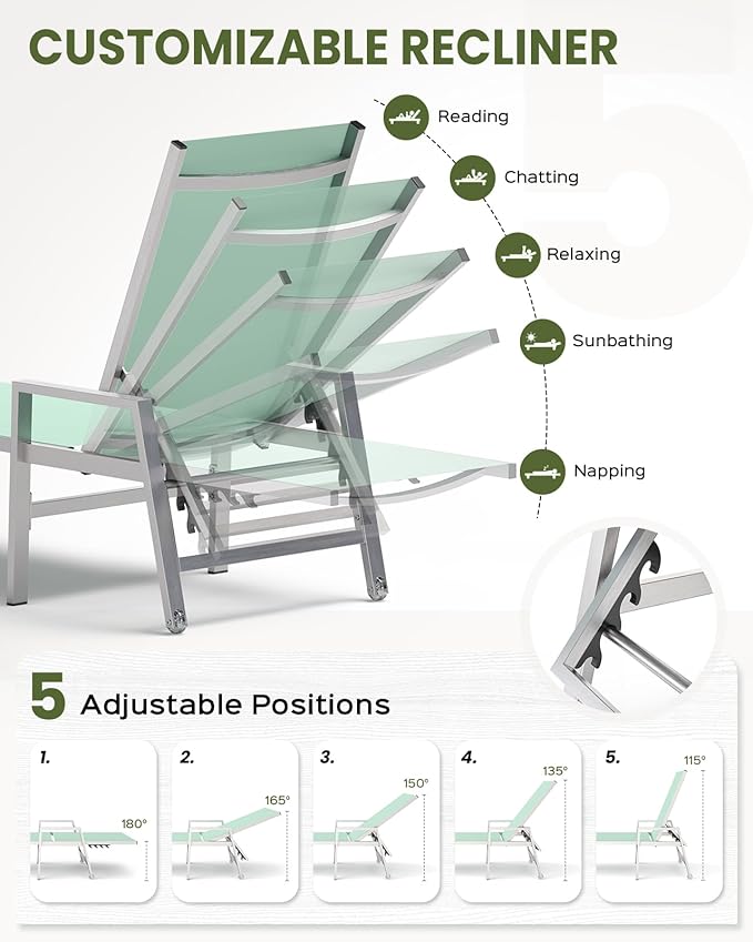 Vexwalx Patio Chaise Lounge Chair Outdoor with Wheels&Armrests, Aluminum Pool Lounge Chairs 5-Position Adjustable Recliner, Outdoor Beach Lounge Chairs for Poolside, Patio, Deck, Yard, Light Green