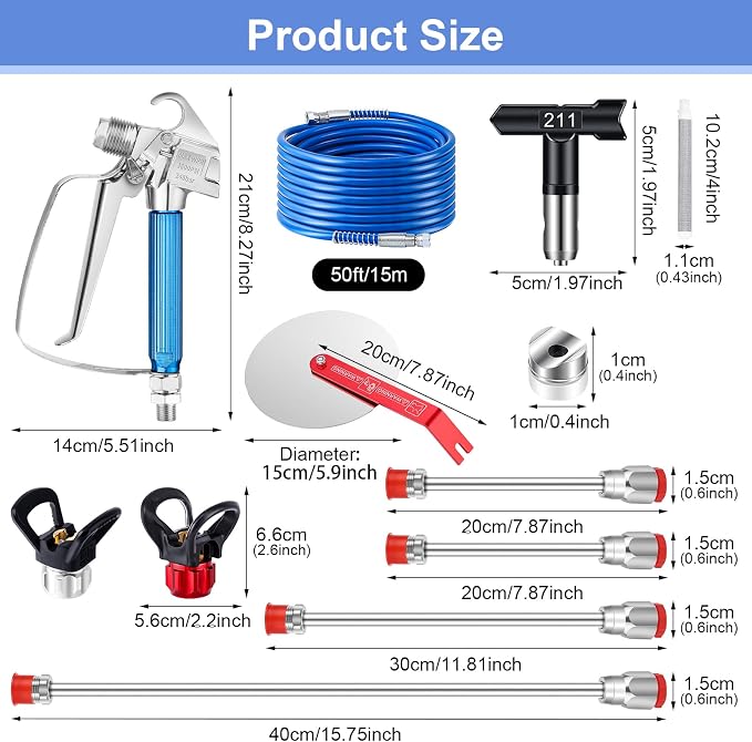 22Pcs Airless Paint Sprayer Gun Kit, 3600PSI Spray Gun with 50Ft x 1/4“ NPT Airless Paint Sprayer Hose & 6Pcs Reversible Spray Tips & Guide Tool & 4Pcs Extension Wand & 6Pcs Filters