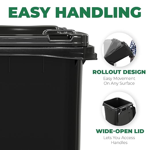 EconoHome Outdoor Garbage Can with Lid - 32 Gallon Trash Can for Backyard, Deck, Garage - Dual Wheels, Extra Heavy-Duty, Durable Handle - Versatile Home & Commercial Storage Container - Black, 1-Pack