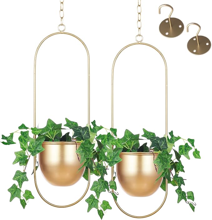 Shineloha 2 Pack Hanging Planters for Indoor Plants with 5.5" Pot + Ceiling Hook | Gold Hanging Planter, Gold Plant Hanger, NO Plant incld