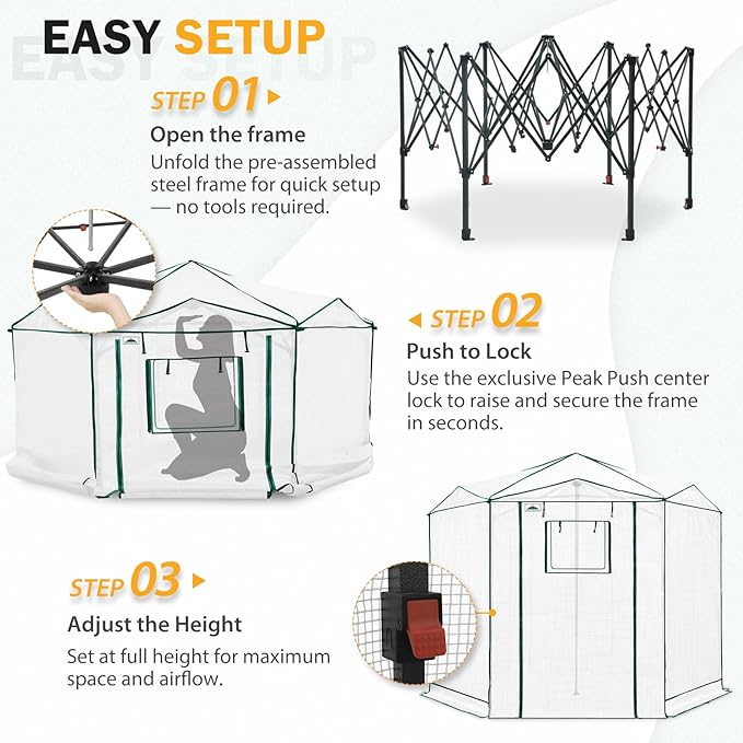 EAGLE PEAK 8.5x8.5 Portable Walk in Greenhouse, Pop Up Indoor Outdoor Greenhouse, Green House Kit with Zippered Roll-Up Doors and Windows, Hexagon Design, PE Cover, Clear/White