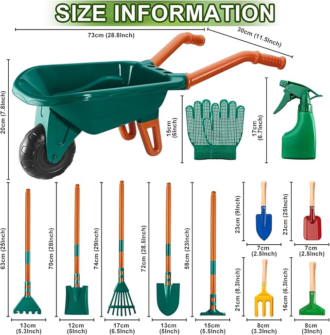 Kids Gardening Set-Kids Gardening Tools Wheelbarrow Set with Shovel, Leaf Rake, Gloves, Spray Bottle-Toddler Gardening Set Play Outdoor Educational STEM Learning for Boys Girls Age 3+