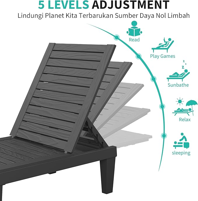 Outdoor Chaise Lounges Set of 2, NUNU LAB 5-Position Adjustable Patio Recliners with All-Weather Resin, Sun Loungers for Deck, Garden, Beach, Pool Sunbathing (Grain Black) (Black Wood Grain, Set of 2)