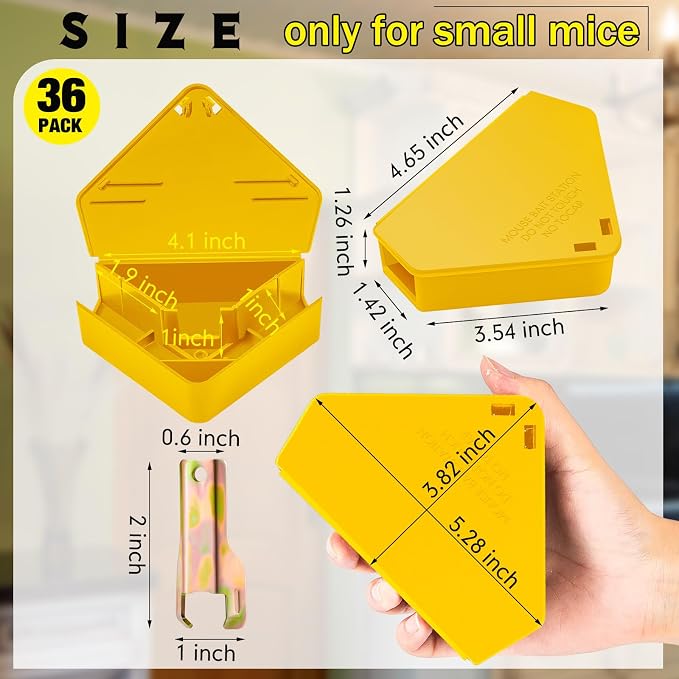 Qualirey 36 Pcs Mice Station with Key Triangle Mouse Station Lockable Reusable Bait Box, Enclosed Design for Indoor and Outdoor Use, Suitable for Small Mice (Yellow)