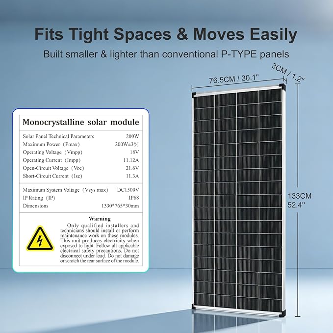 Solar Panels N-Type 16BB 200W Solar Panel, 200 Watt Solar Panel 18V A+ Monocrystalline Cell 25% High Efficiency, for RV Van Marine Home Rooftop Off-Grid Systems (52.4" x 30.1", Single Silver)
