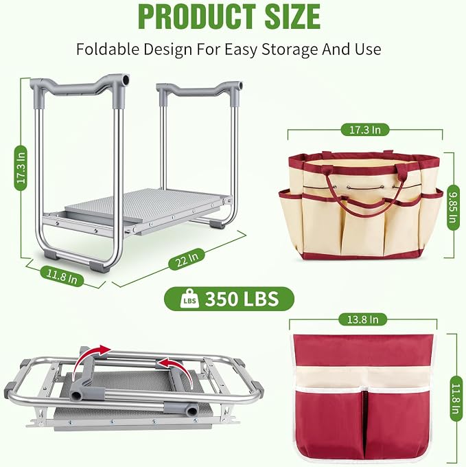 Garden Kneeler and Seat, 2 in 1 Foldable Garden Stool, Portable Gardening Seat with Thick Soft Pad & Tool Bag, Supports Up to 400lbs
