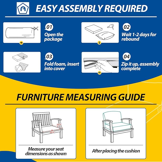 AAAAAcessories Outdoor Seat Cushions for Chairs, Fade-Resistant, Waterproof Patio Furniture Replacement Cushions, 25.5" x 25.5" x 5" + 25.5" x 13.5", Ash Blue Harbor Stripe