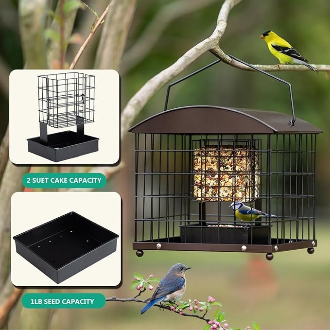 Caged Suet Feeders Squirrel-Proof, Dual-Purpose Suet &Seed Wild Bird Feeders with Tray, Huge Metal Caged Bird Feeders Outdoors Hanging, 2 Suet Cakes+1lb Seed Capacity, Copper