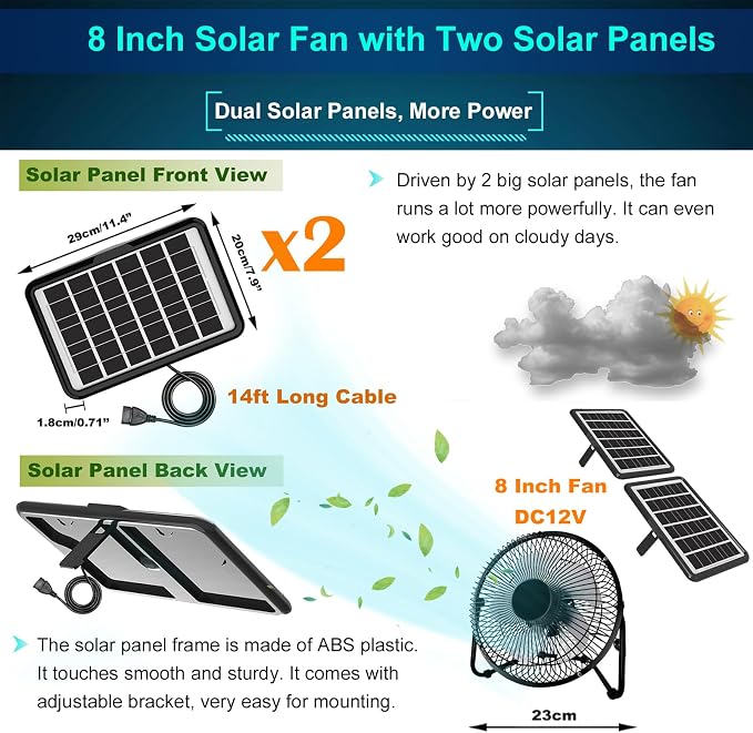 Solar Powered Fan, 8 Inch Install-Free with 25W Dual Solar Panels, Cloudy Days Working Solar Fan for Air Circulation and Cooling in Greenhouse, Chicken Coop, Pet House, Attic, 14ft Long Cable