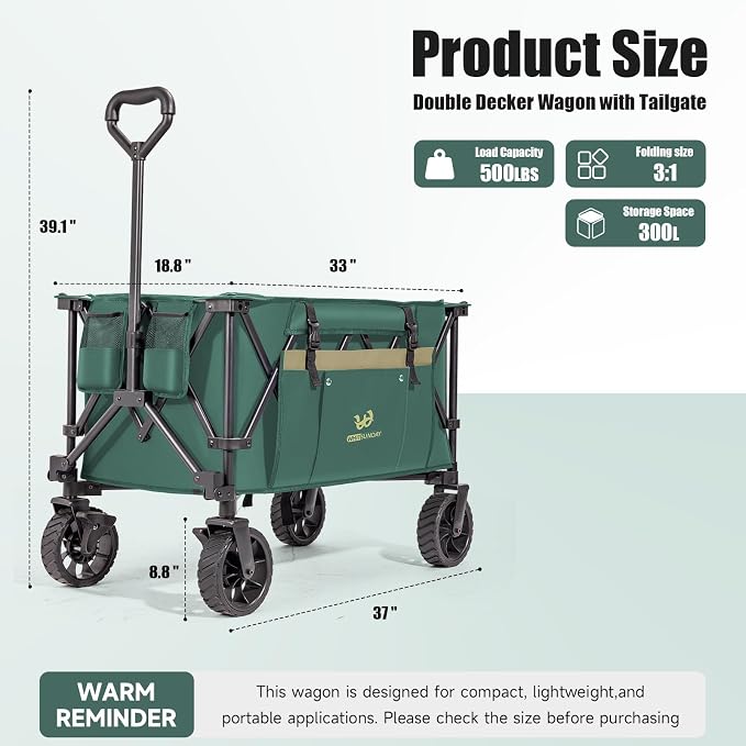 Whitsunday Folding Collapsible Utility Wagon, 400Lbs Heavy Duty Outdoor Park Beach Wagon with Table and Side Pocket for Garden Camping Sports Shopping Green