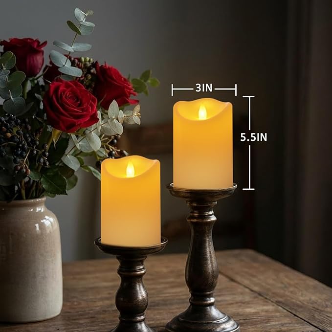 Outdoor Flameless Candles, Patented 3D Dual-LED, Set of 2 Slanted Plastic Pillars with Remote, Waterproof Non-Melting Battery Operated Decor for Bathroom Bedroom Gift, Ivory (D3 x H6)